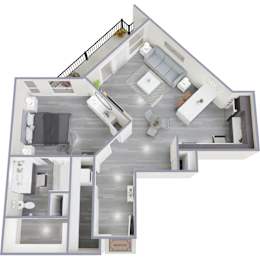 A 3D floor plan of a house with a living room, kitchen, and two bedrooms.