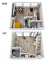 A top down view of a first and second floor apartment layout.