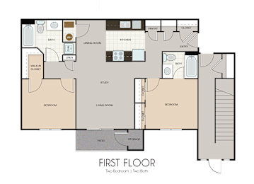 A floor plan of a house with two bedrooms, a study, and a bathroom.