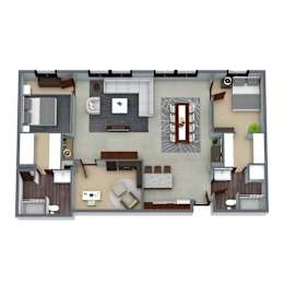 A top-down view of a house layout with a kitchen, living room, and bedrooms.