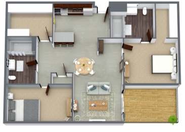 A top-down view of a house interior with a dining area, living room, kitchen, and a small garden.