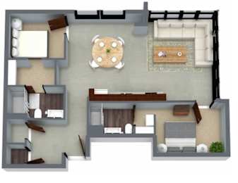 A top-down view of a living room with a couch, coffee table, and dining table.
