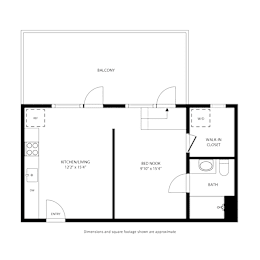A floor plan of a small apartment with a kitchen, living room, bedroom, and bathroom.