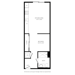 A floor plan of a small apartment with a kitchen, bedroom, and bathroom.