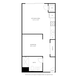A floor plan of a room with a kitchen, bedroom, and bathroom.