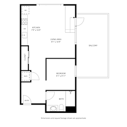 A floor plan of a small apartment with a kitchen, living area, bedroom, bathroom, and balcony.