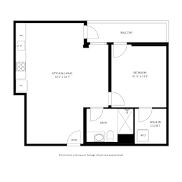 A black and white floor plan of a small apartment with a kitchen, living room, bedroom, bathroom, and walk-in closet.