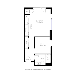 A floor plan of a small apartment with a kitchen, bathroom, and bedroom.