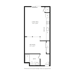 A floor plan of a small apartment with a living area, bedroom, and bathroom.