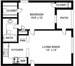A black and white image of a floor plan for a small apartment.