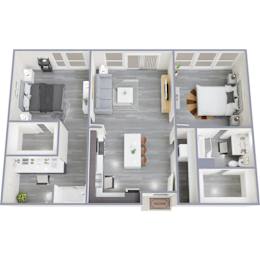 A top-down view of a modern apartment layout with a living room, kitchen, dining area, and bedrooms.