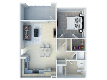 A top-down view of a small apartment with a living room, kitchen, and bedroom.