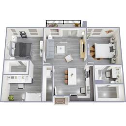 A top-down view of a modern apartment layout with a living room, kitchen, and dining area.