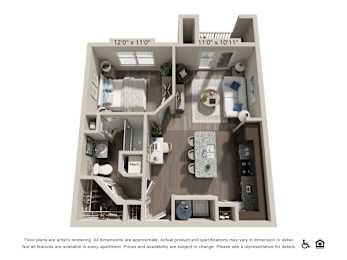 A floor plan of an apartment with a kitchen, living room, and bathroom.
