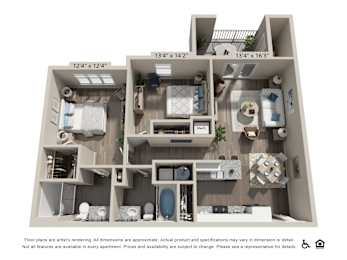 A 3D floor plan of an apartment showing a kitchen, living room, and bathroom.