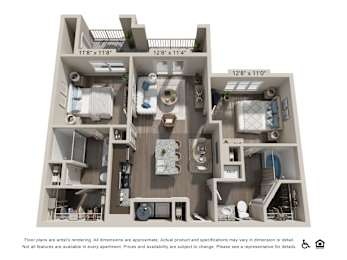A 3D floor plan of an apartment with dimensions and notes below.