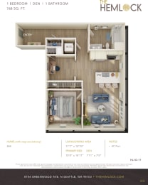 The Hemlock Apartments 1 Bed 1 Bath w Den 11 Floor Plan at The Hemlock, Washington