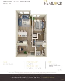 The Hemlock Apartments 1 Bed 1 Bath w Den 4 Floor Plan at The Hemlock, Seattle, 98103