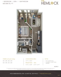 The Hemlock Apartments 1 Bed 1 Bath w Den 7A-7B Floor Plan at The Hemlock, Seattle, WA