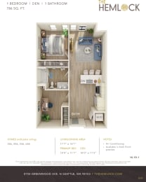 The Hemlock Apartments 1 Bed 1 Bath w Den Floor Plan at The Hemlock, Seattle