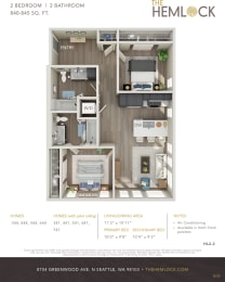 The Hemlock Apartments 2 Bed 2 Bath 2A-2C Floor Plan at The Hemlock, Seattle