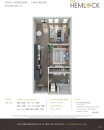 The Hemlock Apartments Open 1 Bed 1 Bath 1A-1C Floor Plan at The Hemlock, Seattle, 98103