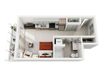 A top-down view of a modern studio apartment home at ION Queen Anne with a living room, kitchen, and bathroom.