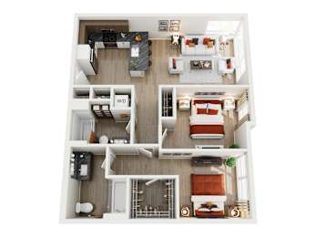 A top-down view of a modern apartment home at ION Queen Anne with 2 bedrooms, living room, kitchen, 2 bathrooms, and closets