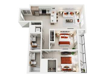 A top-down view of a modern apartment home at ION Queen Anne with 2 bedrooms, living room, kitchen, 2 bathrooms, and closets