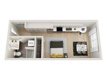 A top down view of a small apartment with a kitchen, living room and bathroom.