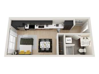 A top-down view of a small apartment layout with a kitchen, living room, and bathroom.