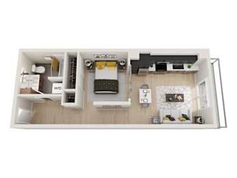 A top down view of a small apartment with a kitchen, living room and bathroom.