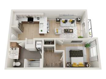 A top-down view of a small apartment with a kitchen, living room, and bathroom.