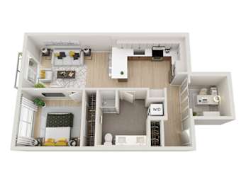 A floor plan of a modern apartment with a living room, kitchen, and bathroom.