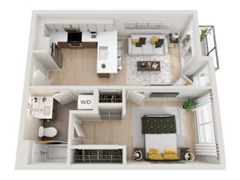 A top-down view of a small apartment with a living room, kitchen, and bathroom.