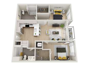 A 3D floor plan of a small apartment with a living room, kitchen, and bedroom.