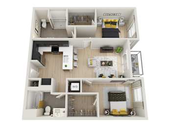 A 3D rendered image of a house layout.