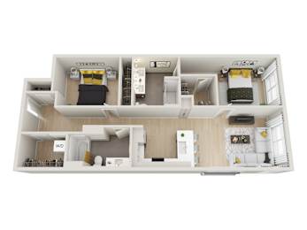 A floor plan of a house with two bedrooms, a living room, a kitchen, and a bathroom.