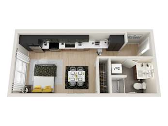 A floor plan of a kitchen with a dining area and a laundry room.
