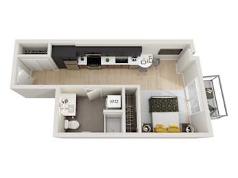 A floor plan of a small apartment with a kitchen, living room, and bathroom.