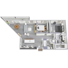 A top-down view of a house layout with a kitchen, living room, and bedrooms.