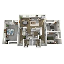 A 3D floor plan of a house showing a kitchen, living room, dining room, and bedrooms.