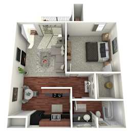 A 3D rendered image of a small apartment with a living room, kitchen, and bathroom.