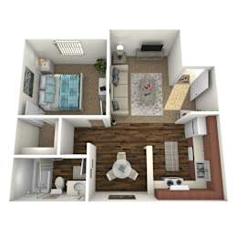 A 3D rendered image of a small apartment layout.