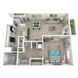 A 3D rendered image of a modern apartment layout.