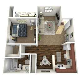 A 3D rendered image of a small apartment layout.