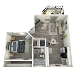 A 3D rendered image of a small apartment layout.