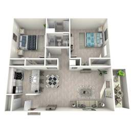 A 3D floor plan of a small apartment with a kitchen, living room, and bedrooms.
