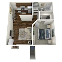 A 3D rendered image of a house layout.