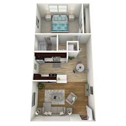 A 3D rendered image of a small apartment with a bedroom, living room, and kitchen.